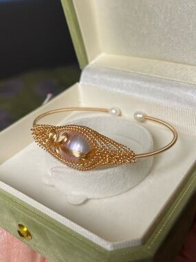 Handmade Baroque Pearl Gold Wire-Wrapped Cuff Bracelet